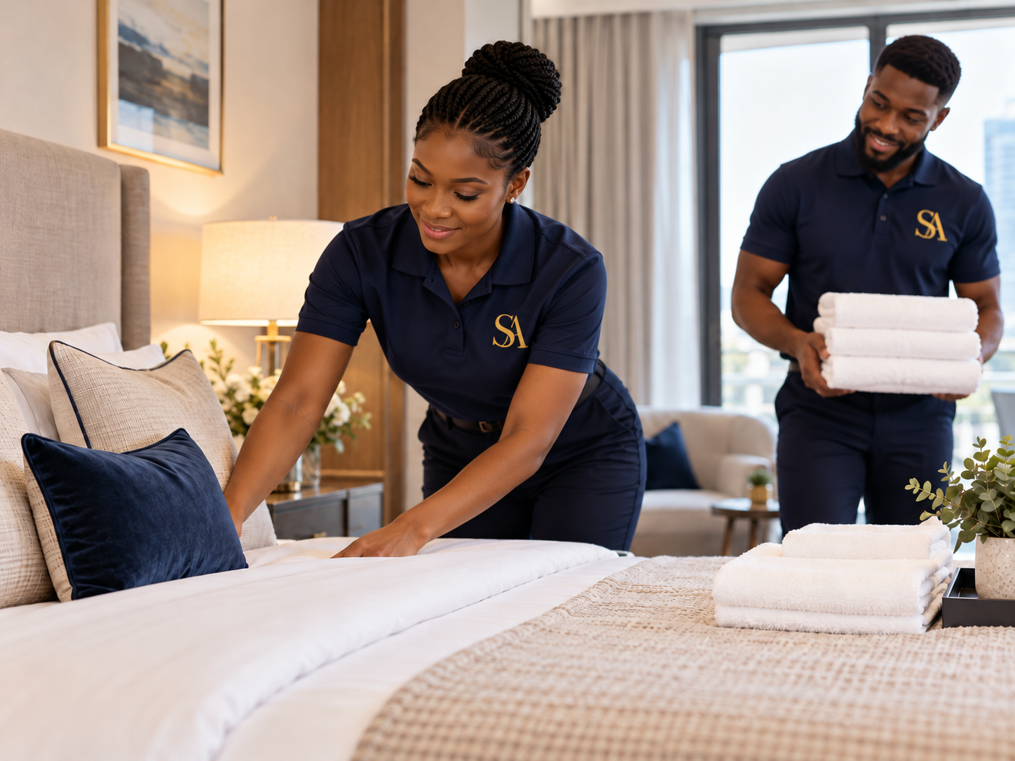 Cleaner making a hotel bed while a colleague carries fresh folded towels