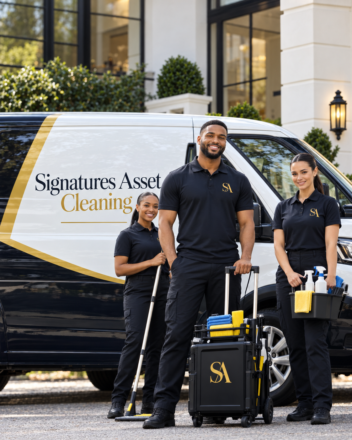 Three Signatures Asset Cleaning crew members in black branded uniforms standing beside the company van with cleaning equipment