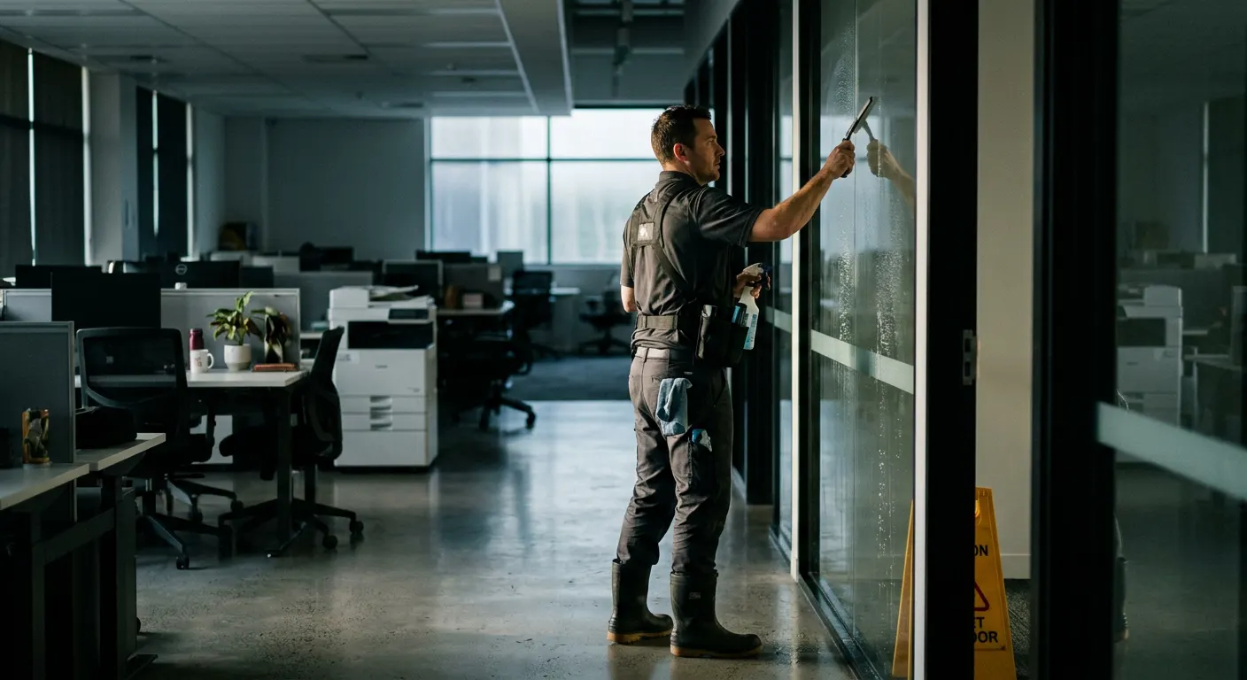 Uniformed cleaner squeegeeing glass partitions in a modern open-plan office