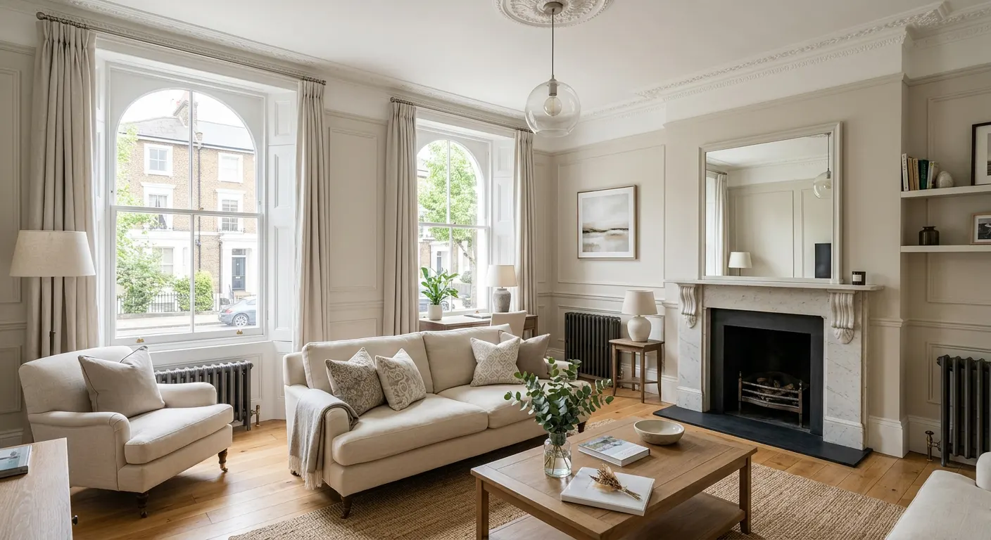 Spotless, bright period living room with cream sofa, marble fireplace and tall arched windows