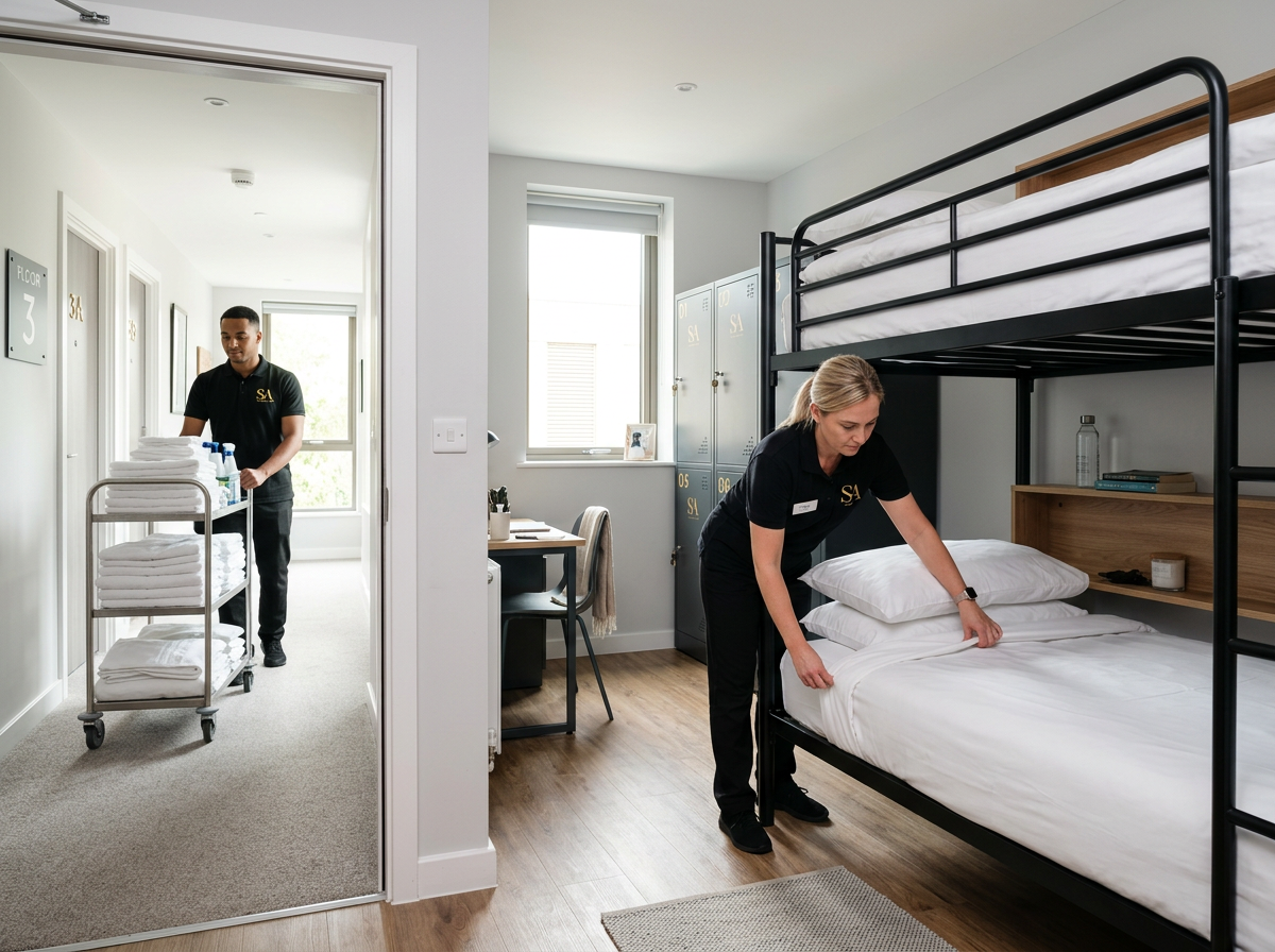 Cleaners making bunk beds and cleaning a hostel dormitory room