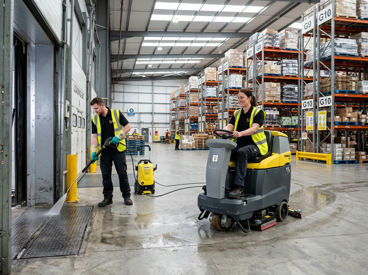 Cleaners in hi-vis vests pressure-washing a loading bay and operating a ride-on floor scrubber in a warehouse