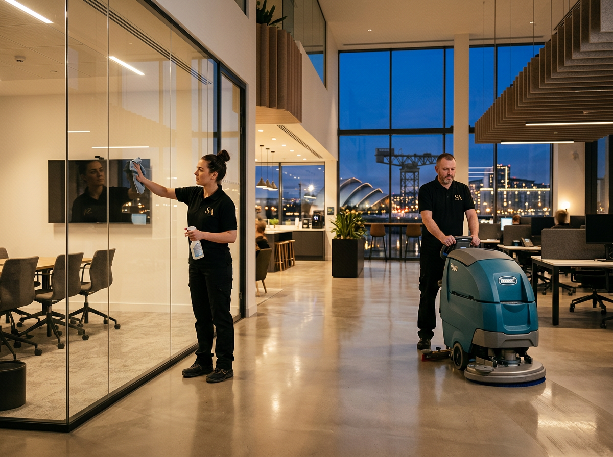 Signatures Asset cleaners in black uniforms cleaning desks and vacuuming a modern open-plan office