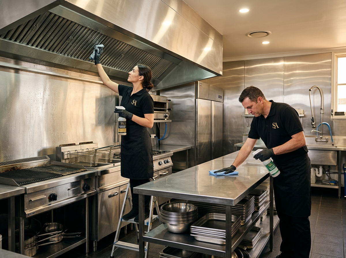 Uniformed cleaner degreasing stainless steel surfaces in a professional restaurant kitchen