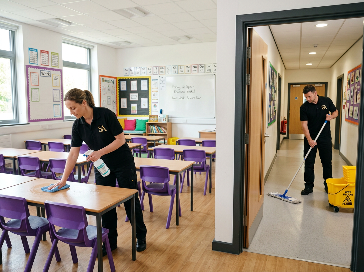 Signatures Asset cleaners sanitising desks and mopping a bright school classroom